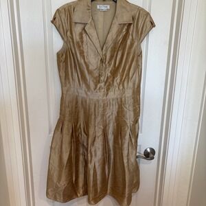 Kay Unger Dress Women's 14 Gold Satin Fit Flare A Line Midi Party Wedding flaw